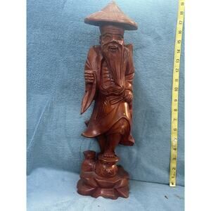 Hand Carved Asian Fisherman Large Wood Statue 14.5 Inches Missing Pole MCM